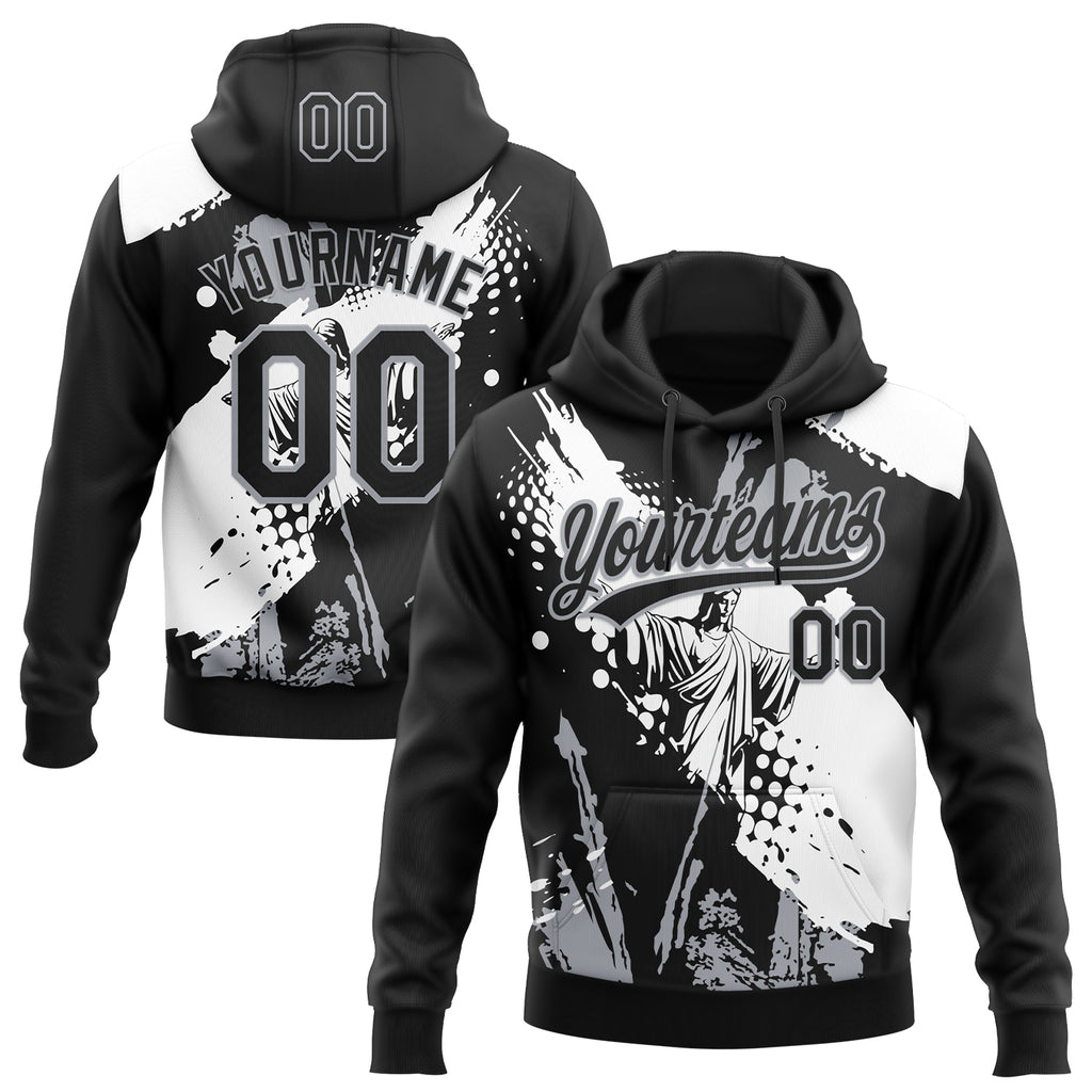 Custom Stitched Black White-Gray 3D Pattern Design Religion Jesus Christ Pullover Sweatshirt Hoodie