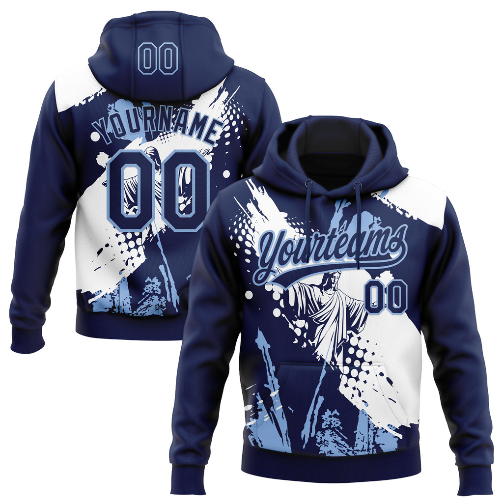 Custom Stitched Navy Light Blue-White 3D Pattern Design Religion Jesus Christ Pullover Sweatshirt Hoodie