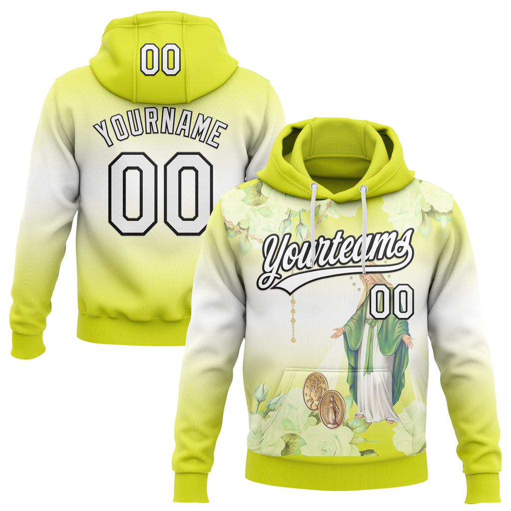 Custom Stitched Neon Yellow White-Black 3D Pattern Design Religion The Virgin Mary Pullover Sweatshirt Hoodie