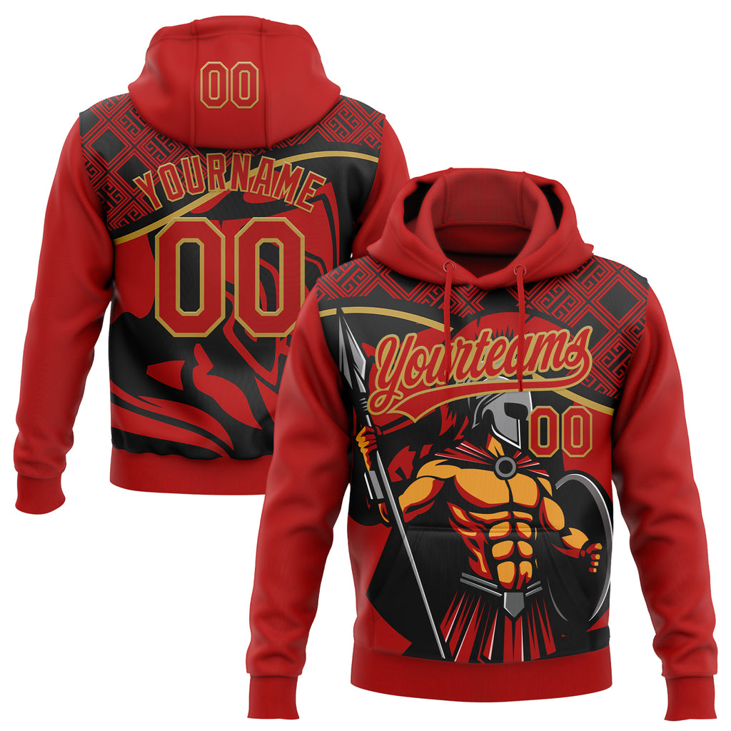 Custom Stitched Red Black-Old Gold 3D Pattern Design Knight Pullover Sweatshirt Hoodie