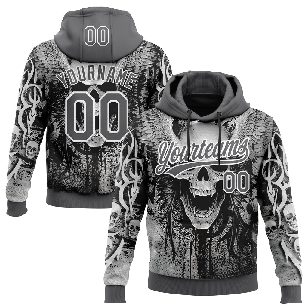 Custom Stitched Steel Gray Black-White 3D Skull Pattern Pullover Sweatshirt Hoodie