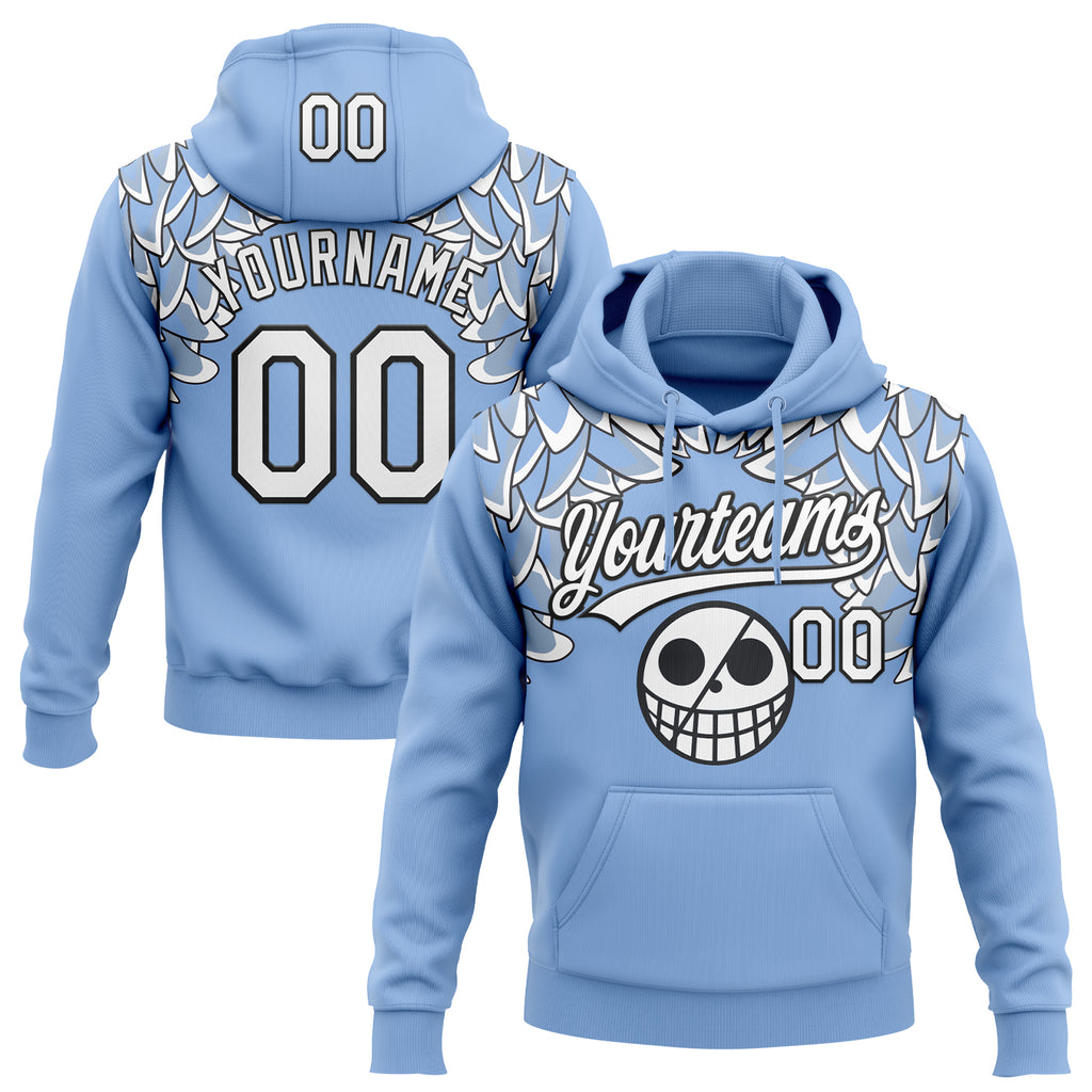 Custom Stitched Light Blue White-Black 3D Skull Pattern Pullover Sweatshirt Hoodie