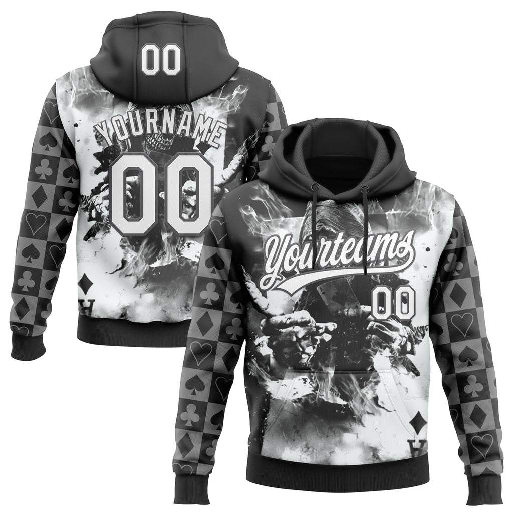 Custom Stitched Black White-Steel Gray 3D Skull Poker Pattern Pullover Sweatshirt Hoodie