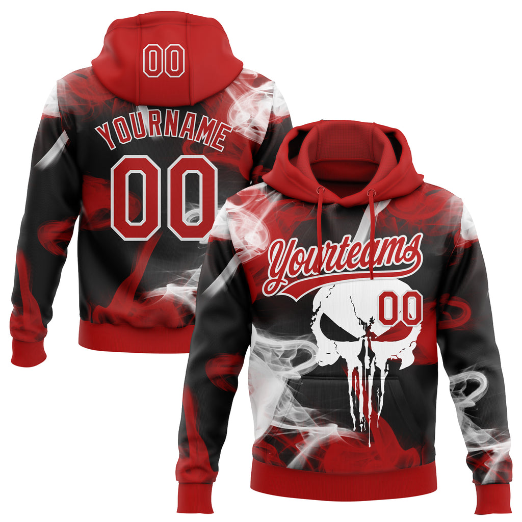 Custom Stitched Red Black-White 3D Skull Pattern Pullover Sweatshirt Hoodie
