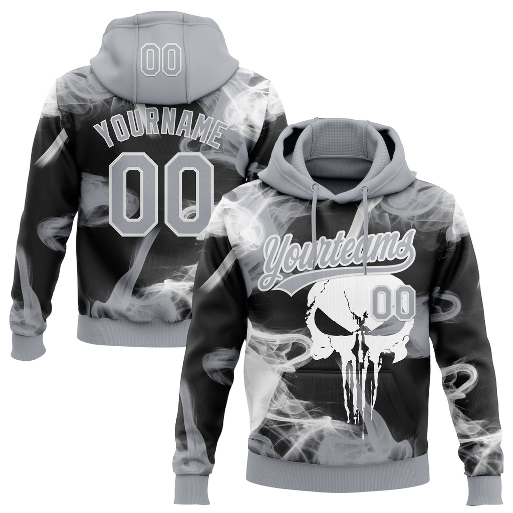 Custom Stitched Gray Black-White 3D Skull Pattern Pullover Sweatshirt Hoodie