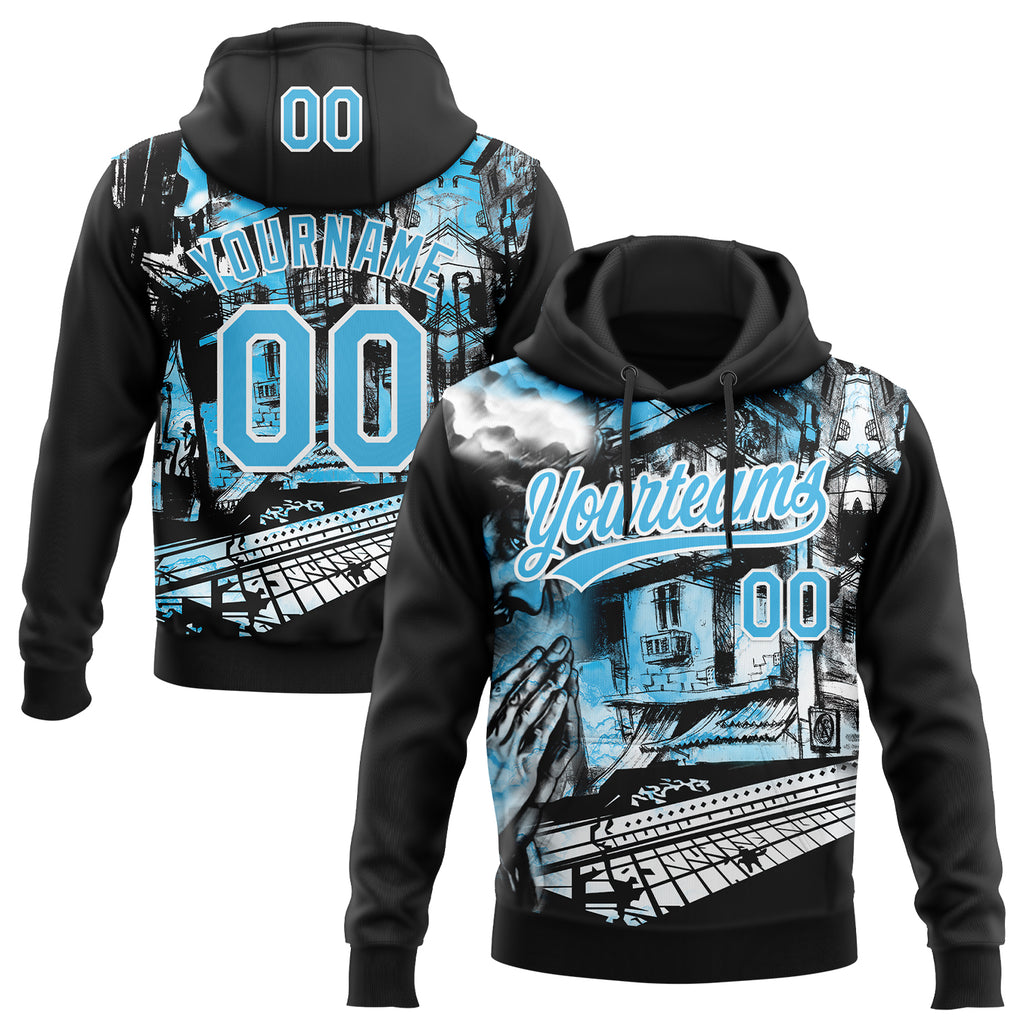 Custom Stitched Black Sky Blue-White 3D Pattern Design Religion Praying Hands Pullover Sweatshirt Hoodie
