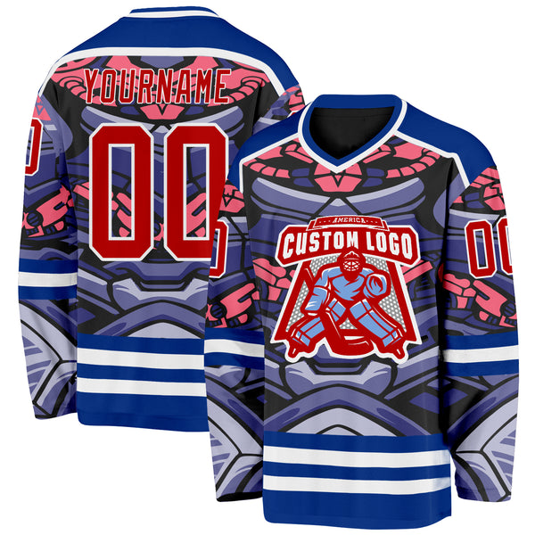 Custom Royal Red Pink Black-White 3D Pattern Cyber Mecha E-sport Hockey Jersey