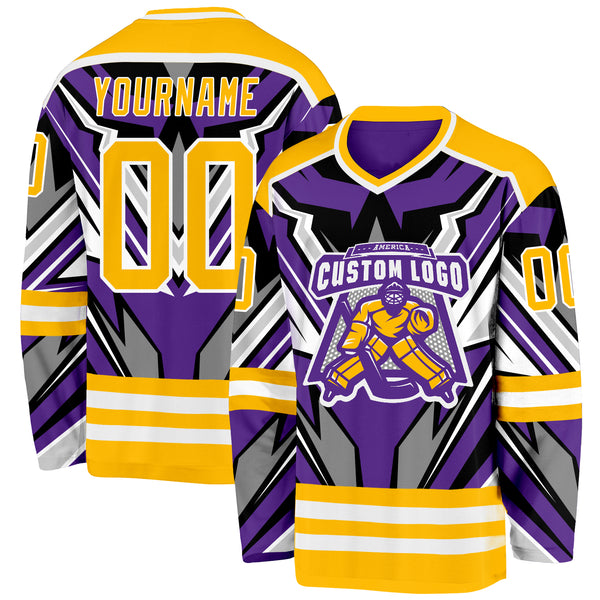 Custom Purple Gold Black Gray-White 3D Pattern Cyber Mecha E-sport Hockey Jersey