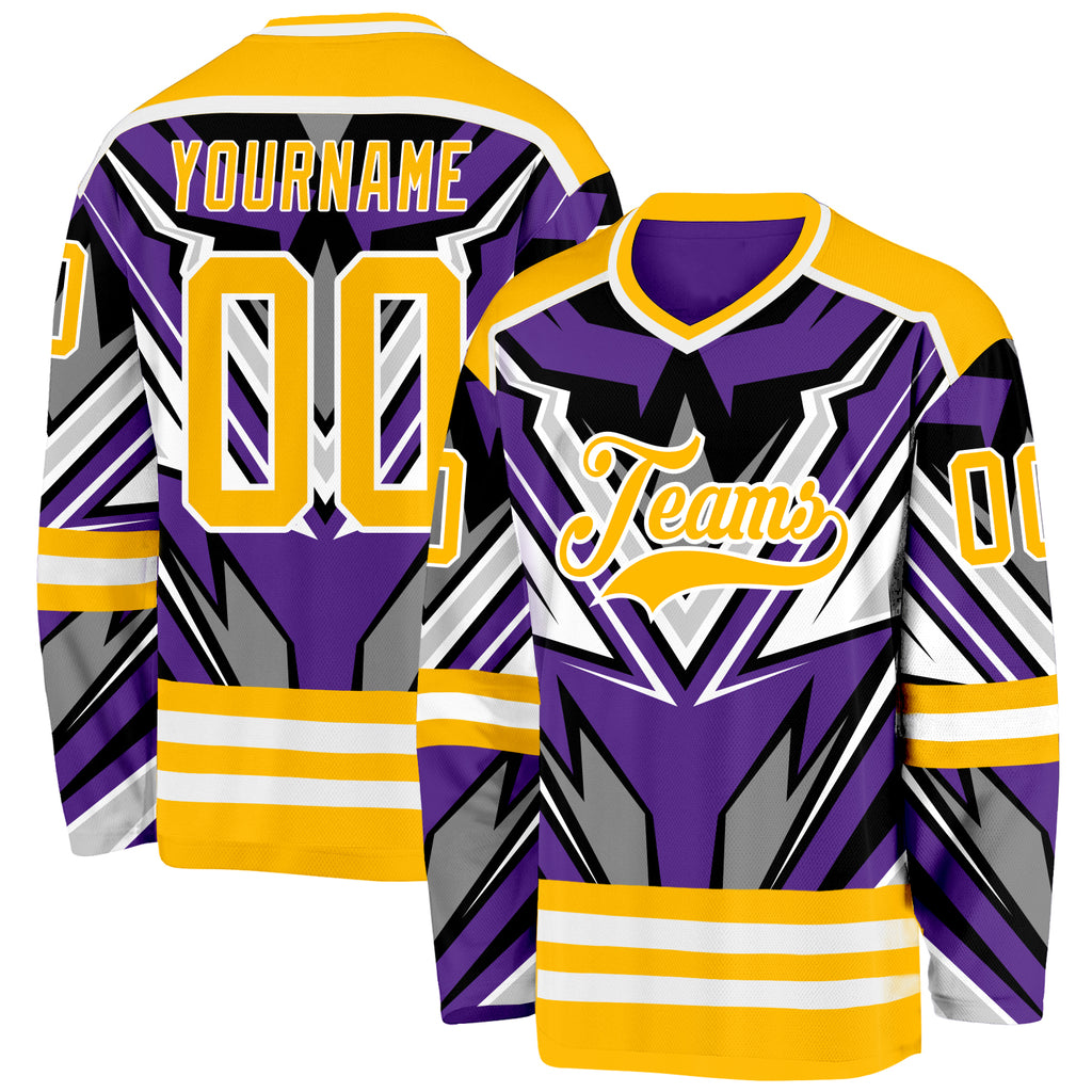 Custom Purple Gold Black Gray-White 3D Pattern Cyber Mecha E-sport Hockey Jersey