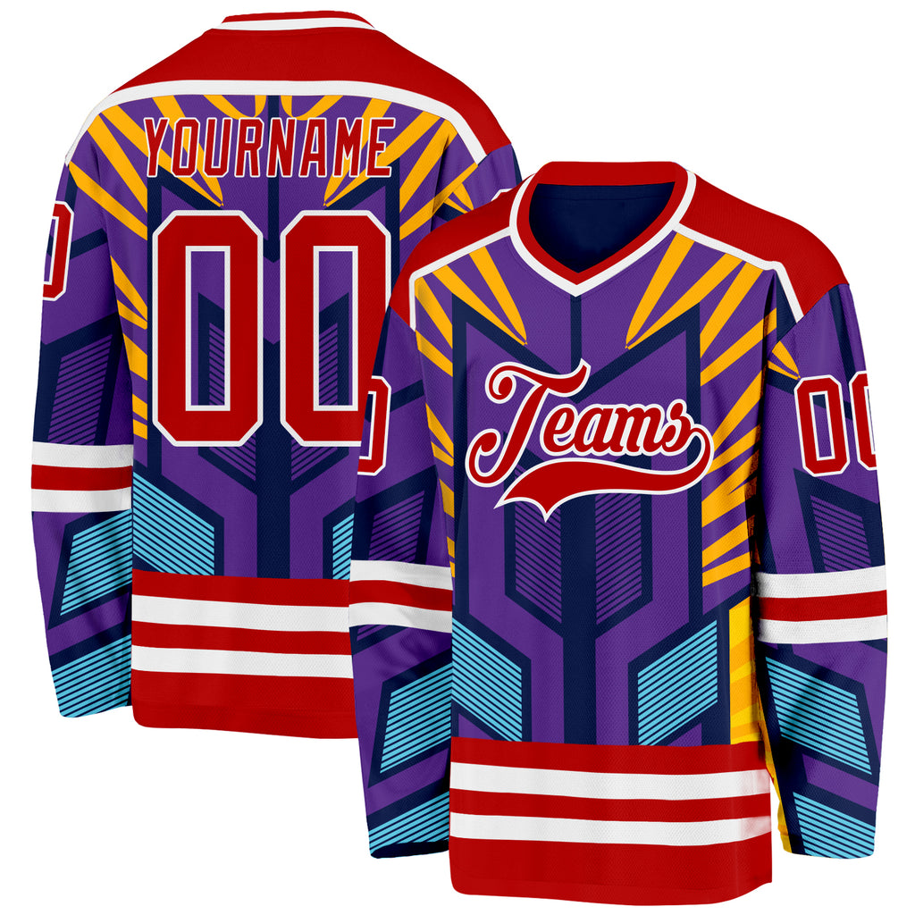Custom Purple Red Yellow Blue-White 3D Pattern Cyber Mecha E-sport Hockey Jersey