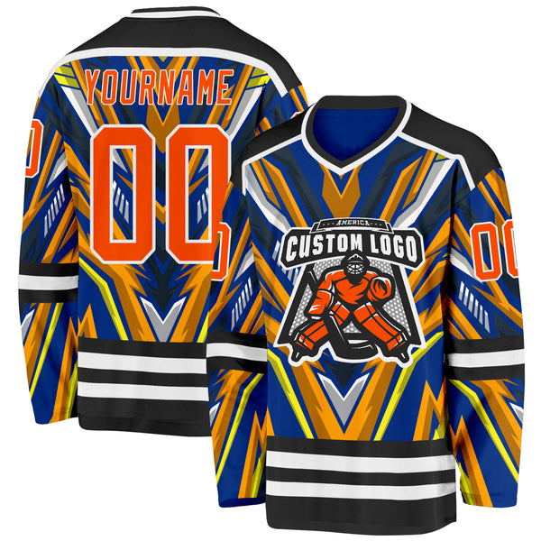 Custom Royal Orange Yellow Black-White 3D Pattern Cyber Mecha E-sport Hockey Jersey