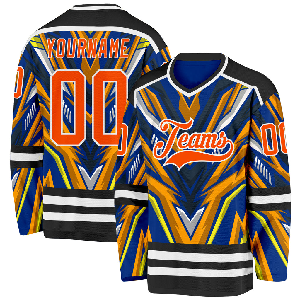 Custom Royal Orange Yellow Black-White 3D Pattern Cyber Mecha E-sport Hockey Jersey