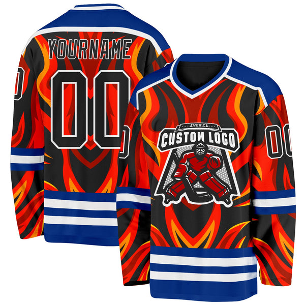 Custom Royal Black Red Orange-White 3D Pattern Cyber Mecha E-sport Hockey Jersey