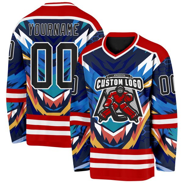 Custom Red Black Blue Yellow-White 3D Pattern Cyber Mecha E-sport Hockey Jersey