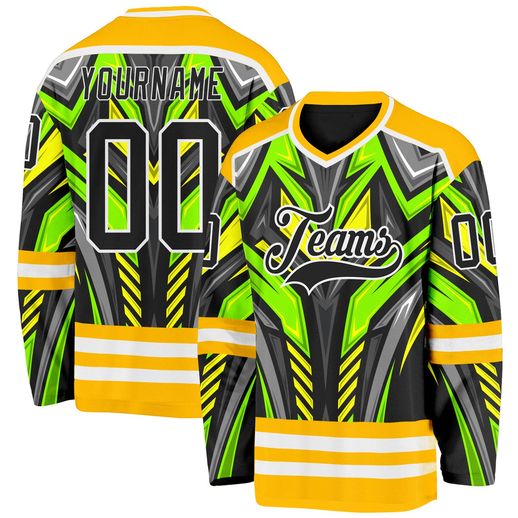 Custom Gold Black Green Gray-White 3D Pattern Cyber Mecha E-sport Hockey Jersey