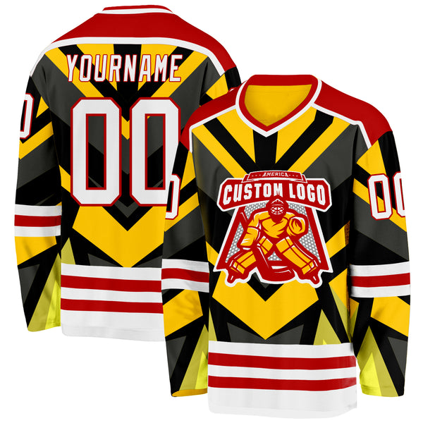 Custom Gold White Black-Red 3D Pattern Cyber Mecha E-sport Hockey Jersey