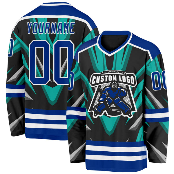 Custom Black Royal Green Gray-White 3D Pattern Cyber Mecha E-sport Hockey Jersey