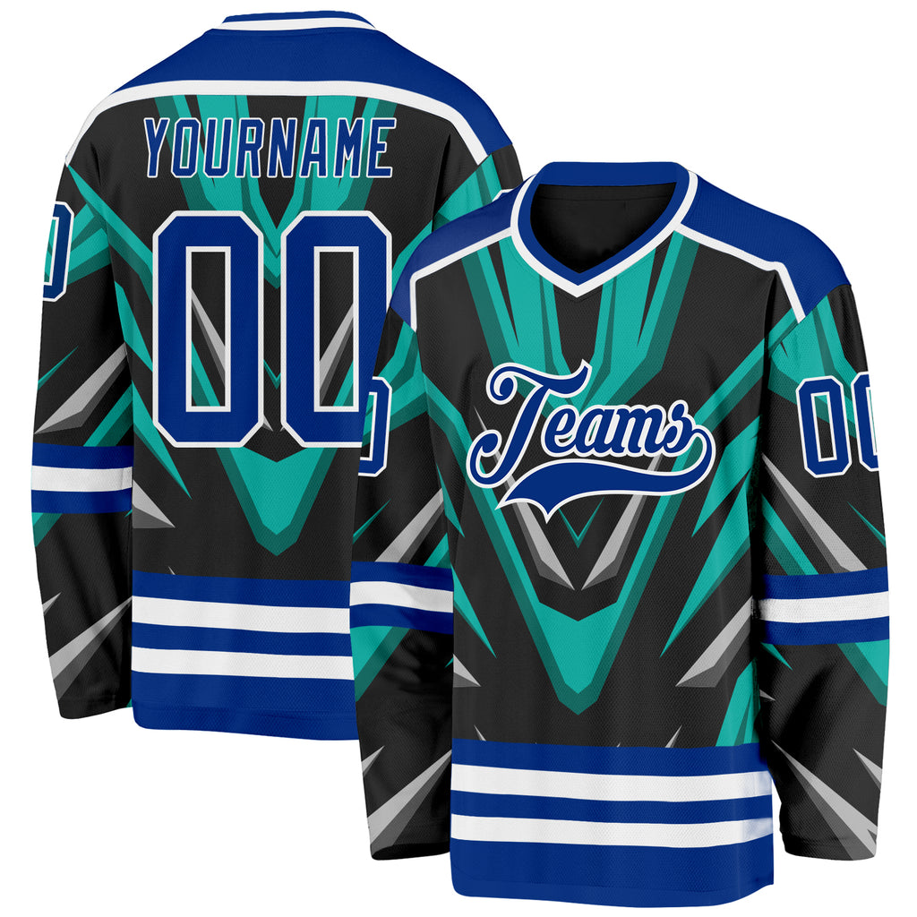 Custom Black Royal Green Gray-White 3D Pattern Cyber Mecha E-sport Hockey Jersey