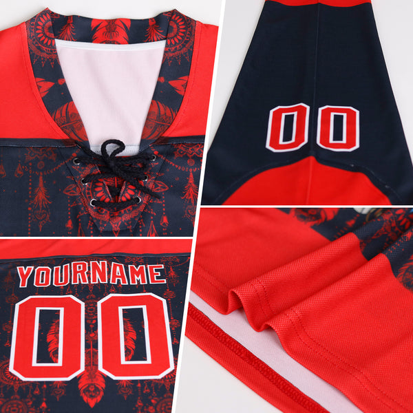 Custom Black Red-White 3D Pattern Native Americans Tribal Indigenous People Hockey Lace Neck Jersey