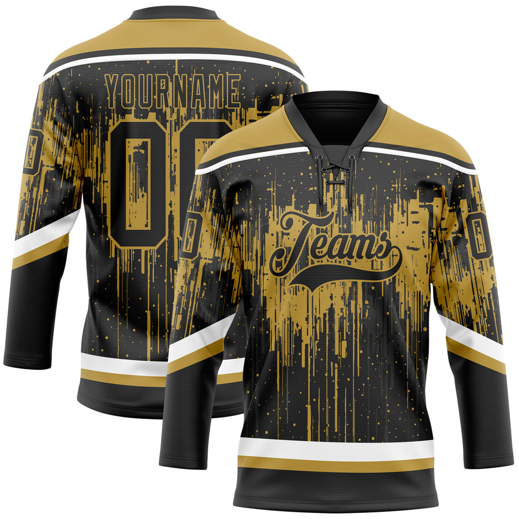 Custom Black Old Gold Steel Gray-White 3D Pattern Dripping Splatter Hockey Lace Neck Jersey