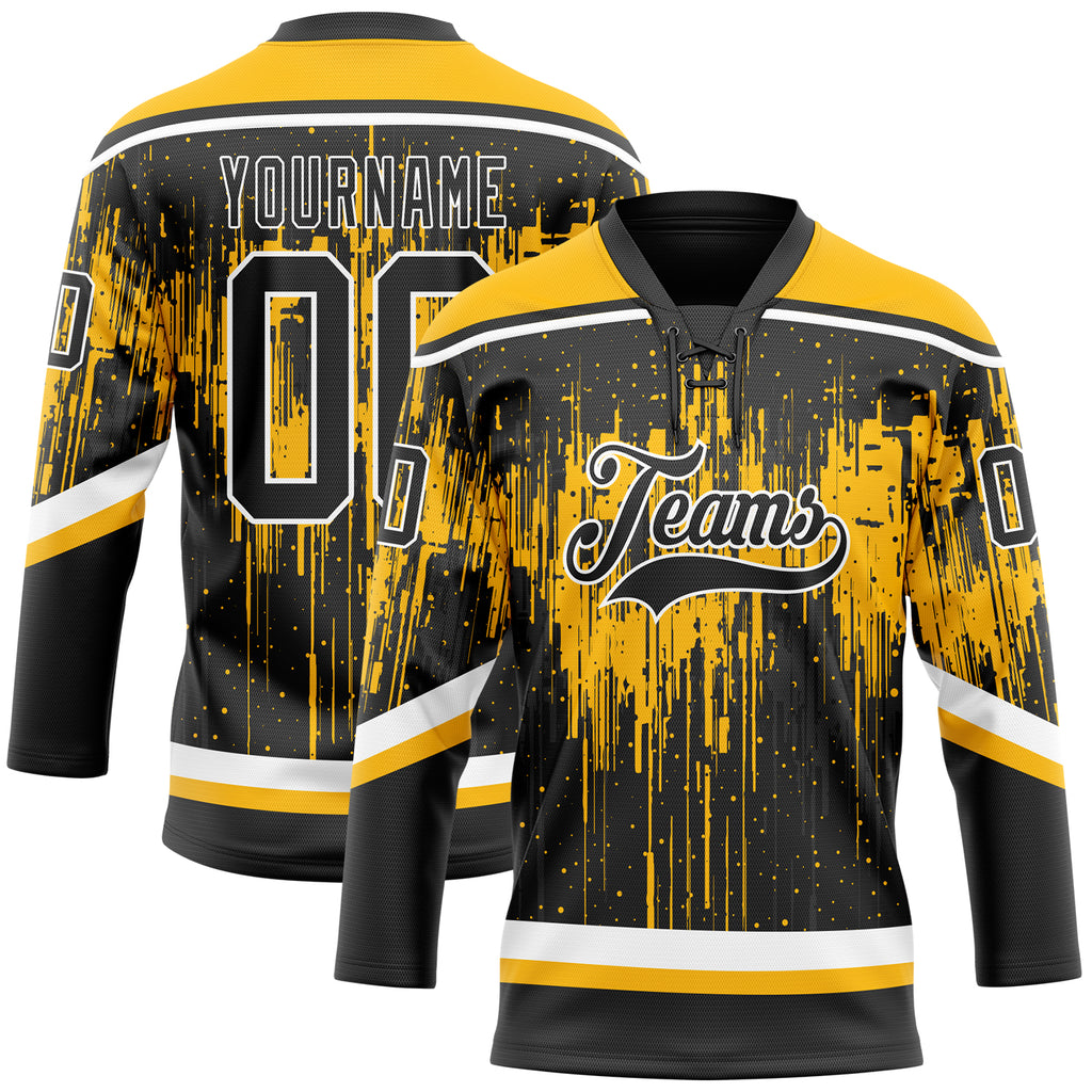 Custom Black Gold Steel Gray-White 3D Pattern Dripping Splatter Hockey Lace Neck Jersey