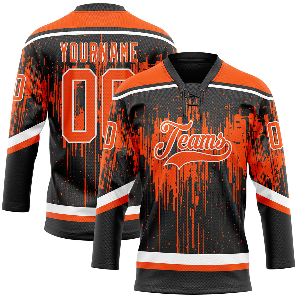Custom Black Orange Steel Gray-White 3D Pattern Dripping Splatter Hockey Lace Neck Jersey