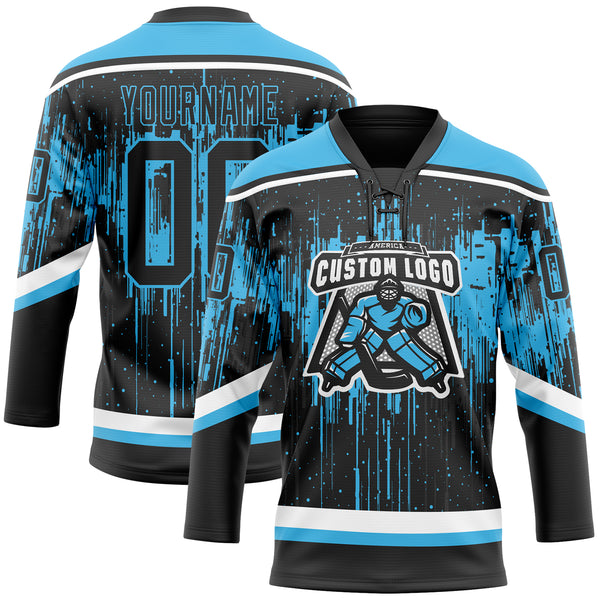 Custom Black Sky Blue Steel Gray-White 3D Pattern Dripping Splatter Hockey Lace Neck Jersey