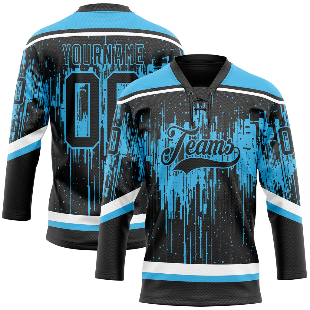 Custom Black Sky Blue Steel Gray-White 3D Pattern Dripping Splatter Hockey Lace Neck Jersey