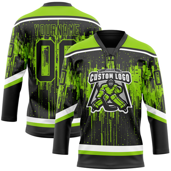 Custom Black Neon Green Steel Gray-White 3D Pattern Dripping Splatter Hockey Lace Neck Jersey