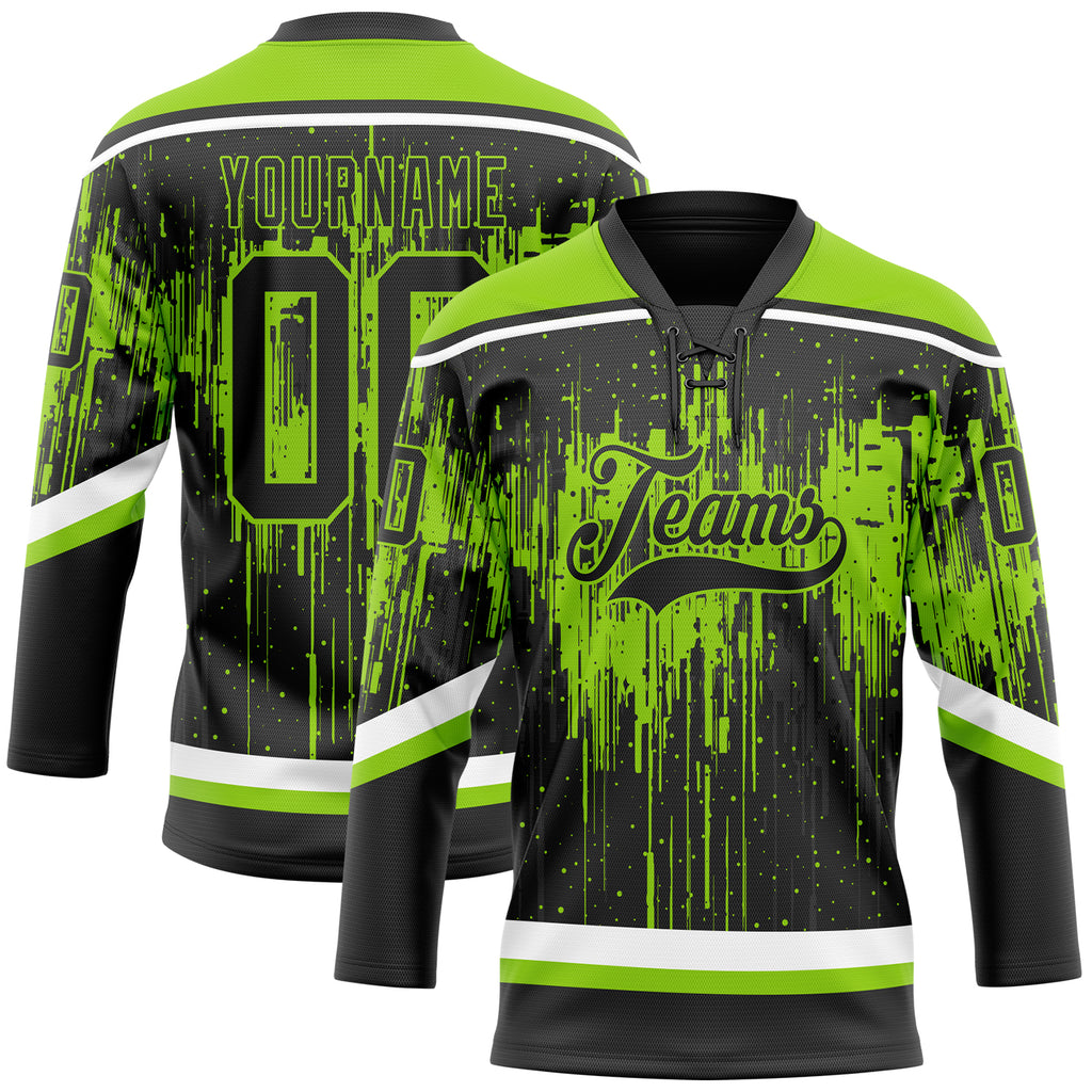 Custom Black Neon Green Steel Gray-White 3D Pattern Dripping Splatter Hockey Lace Neck Jersey