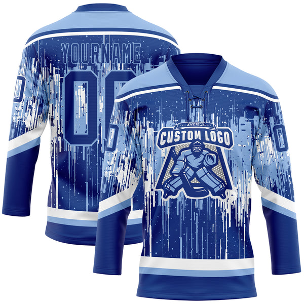 Custom Royal Light Blue-White 3D Pattern Dripping Splatter Hockey Lace Neck Jersey