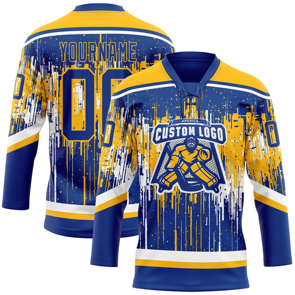 Custom Royal Gold-White 3D Pattern Dripping Splatter Hockey Lace Neck Jersey