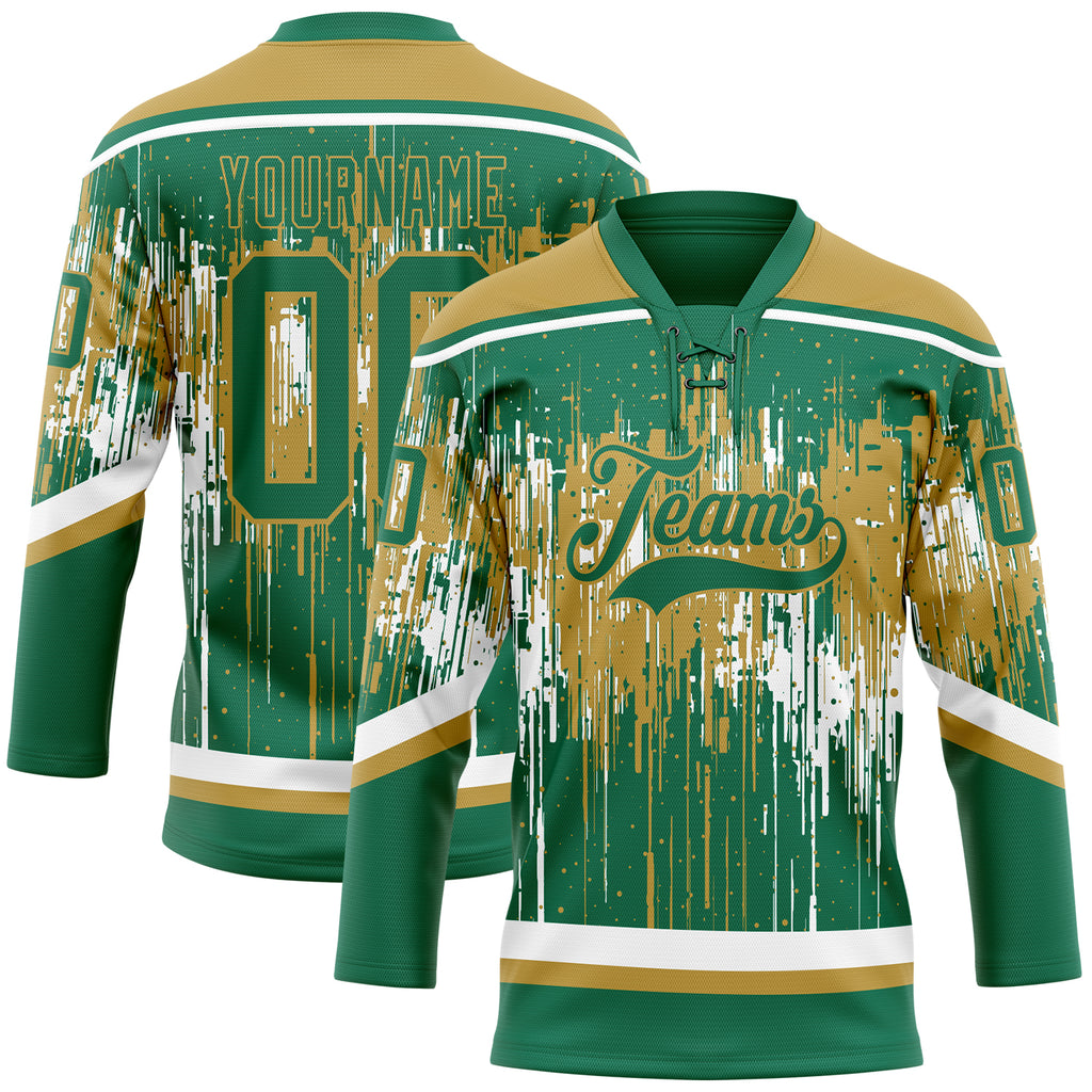 Custom Kelly Green Old Gold-White 3D Pattern Dripping Splatter Hockey Lace Neck Jersey