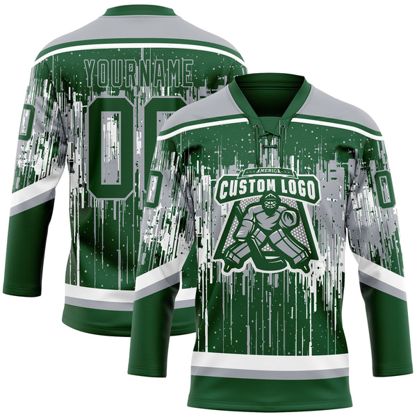 Custom Green Gray-White 3D Pattern Dripping Splatter Hockey Lace Neck Jersey
