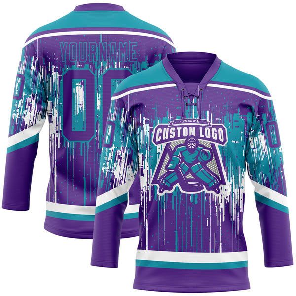 Custom Purple Teal-White 3D Pattern Dripping Splatter Hockey Lace Neck Jersey