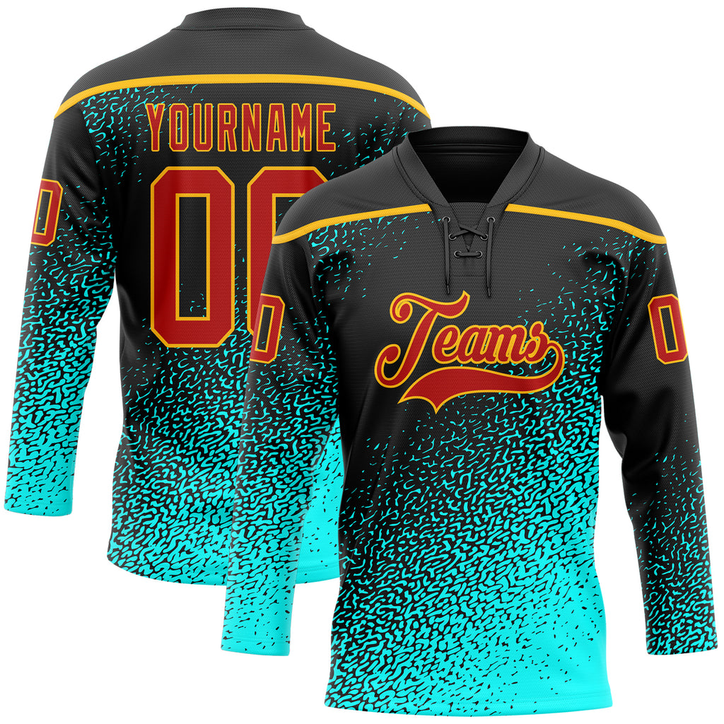 Custom Black Red Blue-Gold 3D Pattern Abstract Gradient Halftone Hockey Lace Neck Jersey
