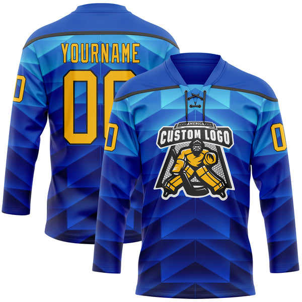 Custom Blue Gold-Black 3D Pattern Abstract Gradient Halftone Hockey Lace Neck Jersey