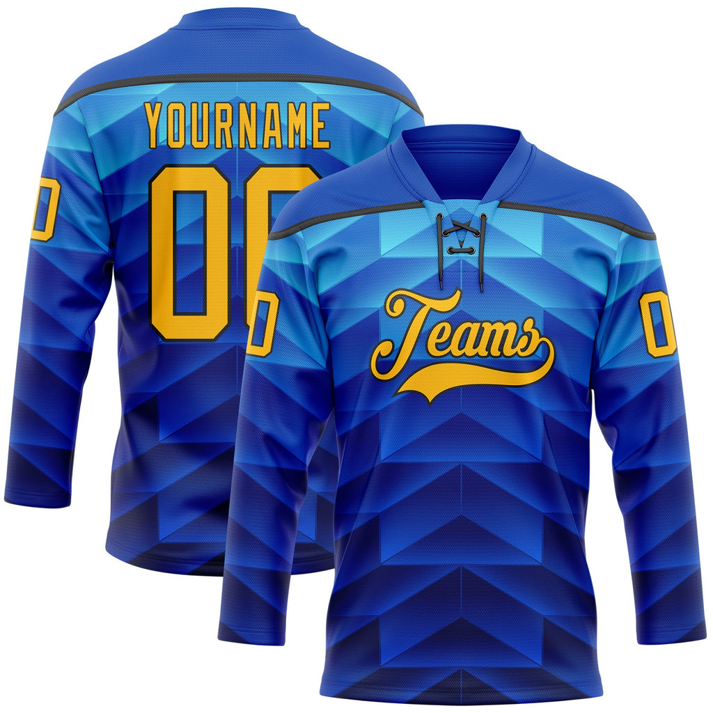 Custom Blue Gold-Black 3D Pattern Abstract Gradient Halftone Hockey Lace Neck Jersey