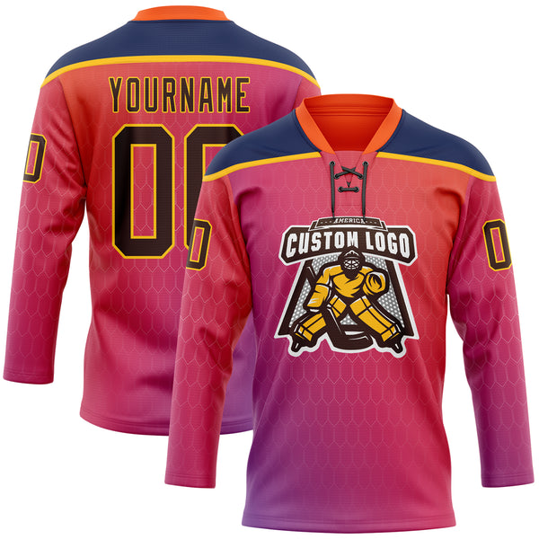 Custom Orange Brown Red Navy-Gold 3D Pattern Abstract Gradient Halftone Hockey Lace Neck Jersey