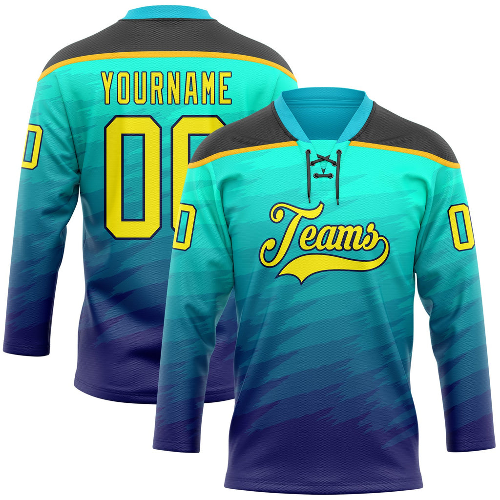 Custom Green Light Yellow Blue Black-Gold 3D Pattern Abstract Gradient Halftone Hockey Lace Neck Jersey