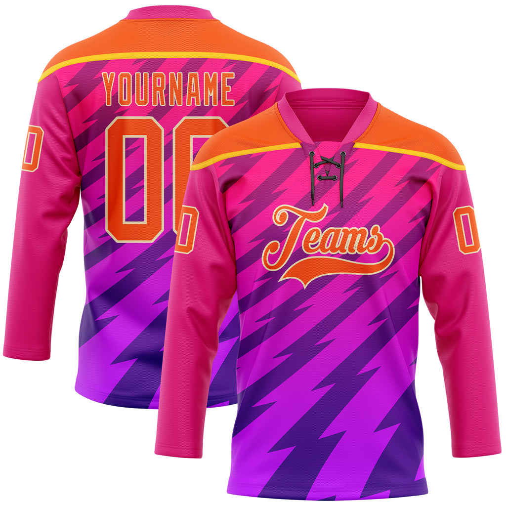 Custom Hot Pink Orange Purple Yellow-Cream 3D Pattern Abstract Gradient Halftone Hockey Lace Neck Jersey
