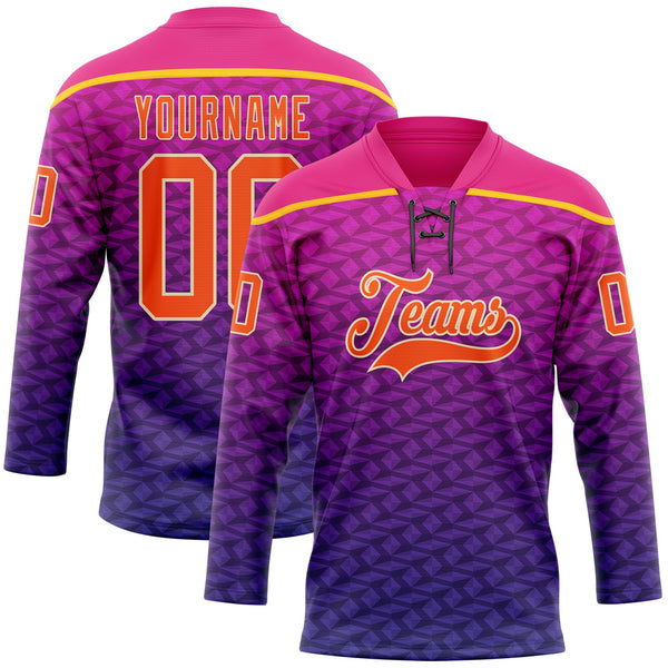 Custom Hot Pink Orange Purple Yellow-Cream 3D Pattern Abstract Gradient Halftone Hockey Lace Neck Jersey
