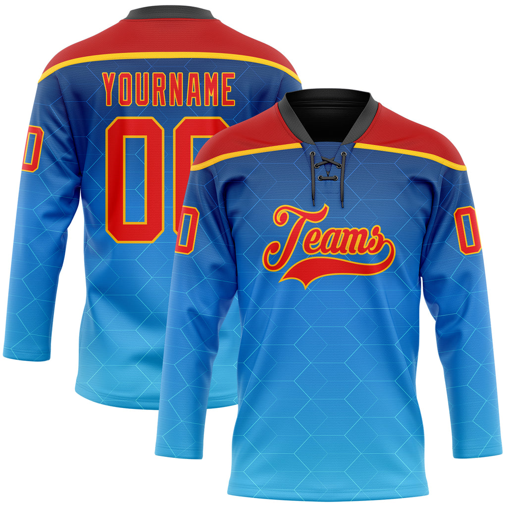Custom Blue Fire Red Gold-Black 3D Pattern Abstract Gradient Halftone Hockey Lace Neck Jersey
