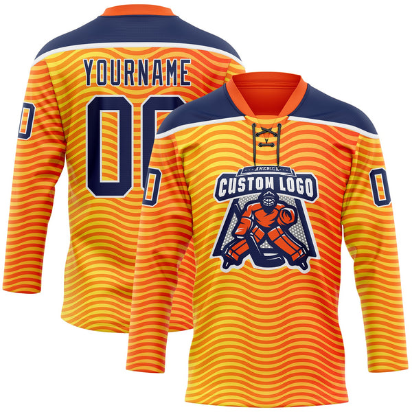 Custom Orange Navy Yellow-White 3D Pattern Abstract Gradient Halftone Hockey Lace Neck Jersey