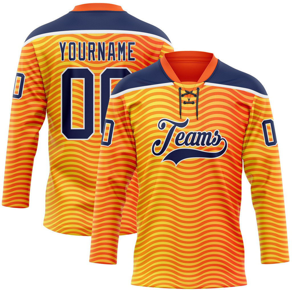 Custom Orange Navy Yellow-White 3D Pattern Abstract Gradient Halftone Hockey Lace Neck Jersey