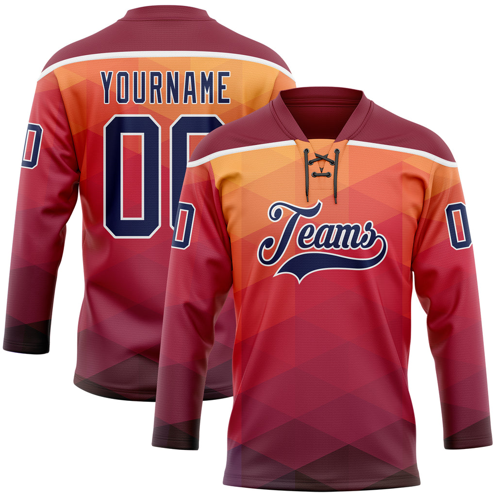 Custom Orange Navy Crimson-White 3D Pattern Abstract Gradient Halftone Hockey Lace Neck Jersey