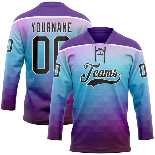 Custom Purple Black Blue-White 3D Pattern Abstract Gradient Halftone Hockey Lace Neck Jersey