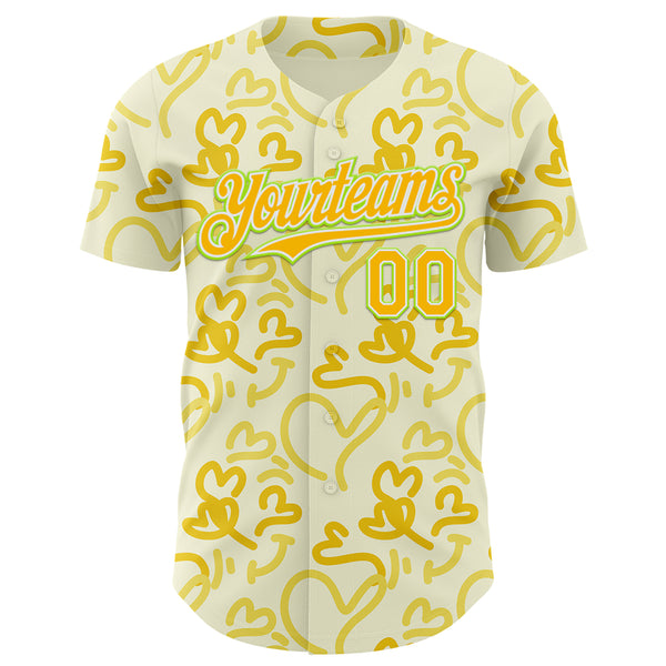Custom Cream Gold Neon Green-White Valentine's Day Love Heart Authentic Baseball Jersey