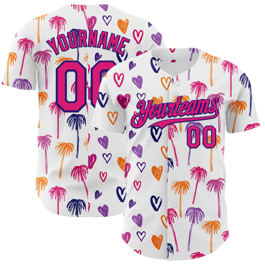 Custom White Hot Pink-Dark Purple Valentine's Day Love Heart Authentic Baseball Jersey