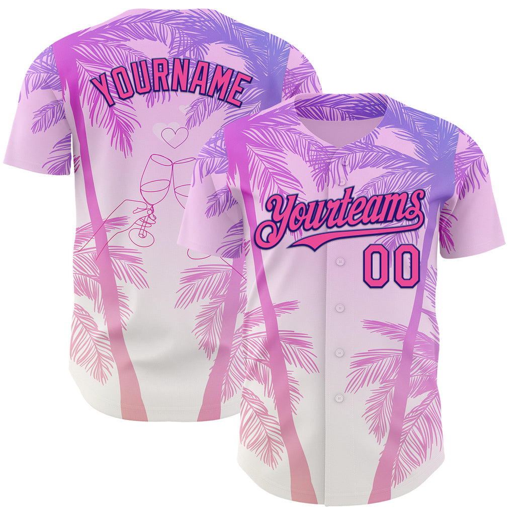 Custom Pink Dark Purple-White Valentine's Day Gradient Coconut Trees Authentic Baseball Jersey